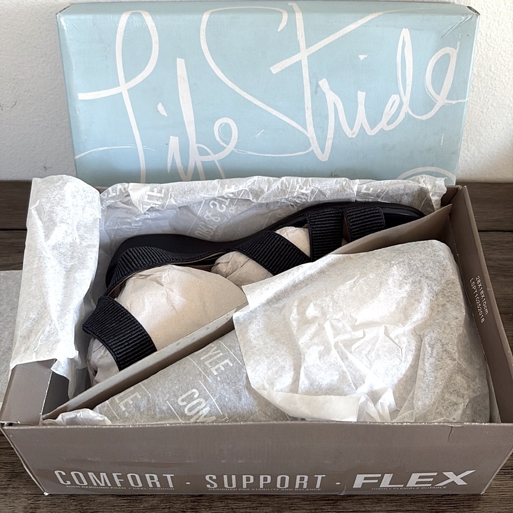 NIB [Life Stride] Temple Ankle Strap Flat Wedge Sandals Navy Blue Women’s 6 Wide - Picture 12 of 13